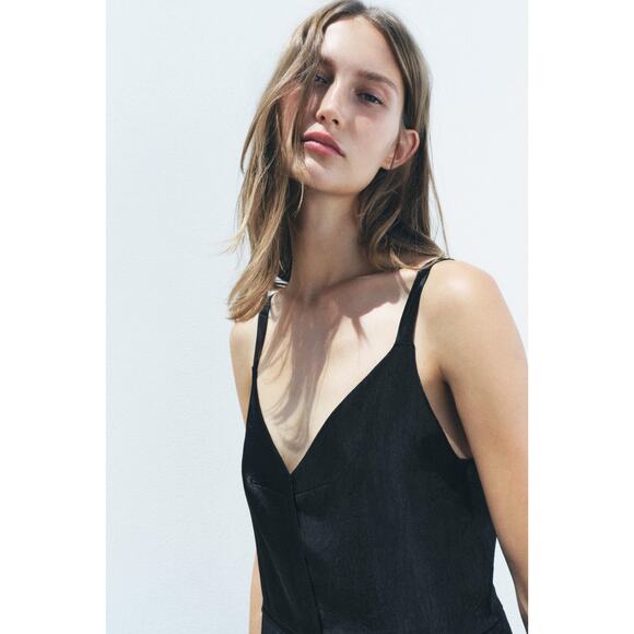 ZARA ZW Collection Black Satin Slip Midi Dress Medium - Picture 6 of 12